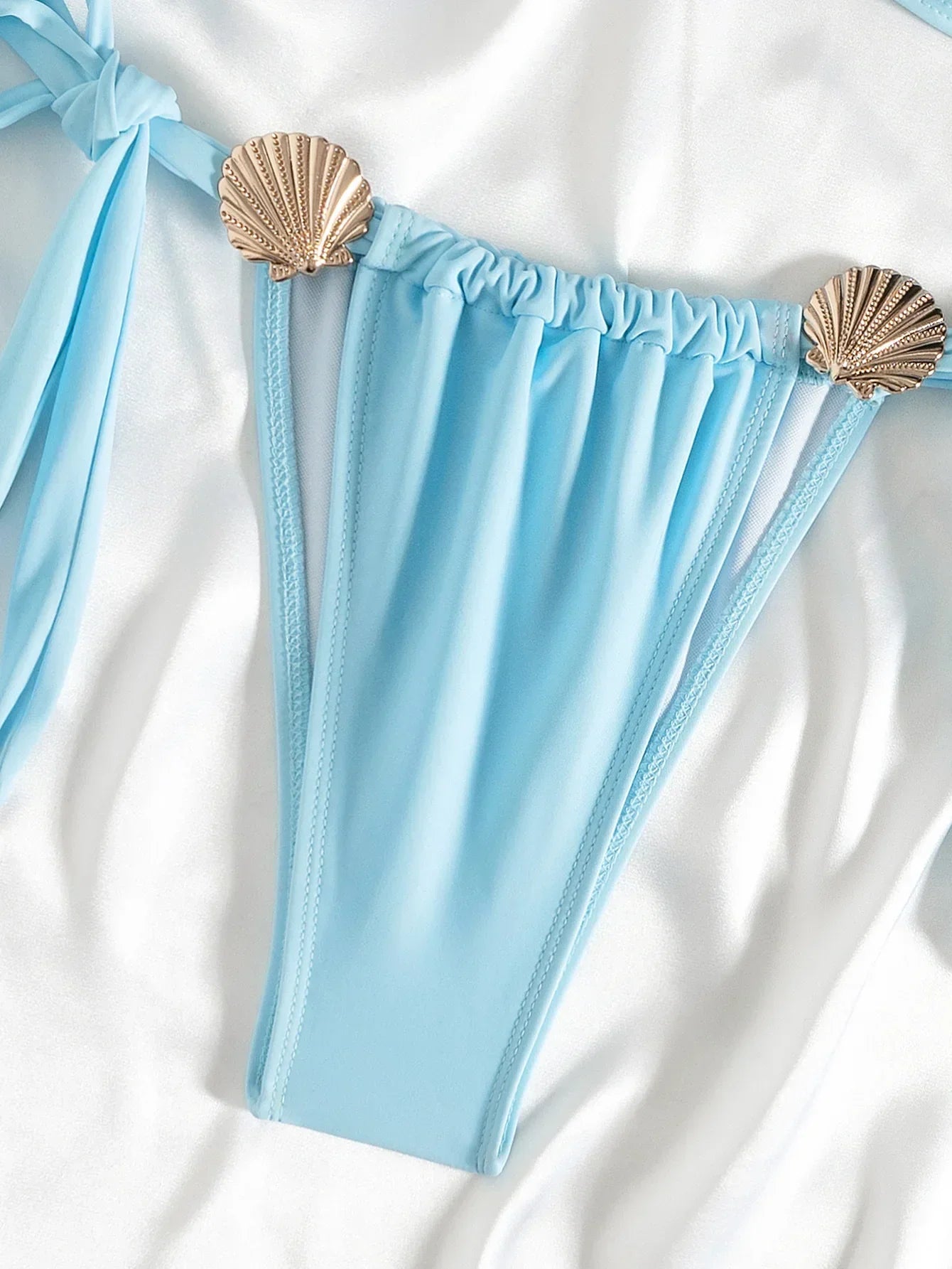 Metal Shell Bikini Mujer Sky Blue Pleate Push Up Micro Swimsuit Beach Bathing Suit Tie Side Thong Swimwear