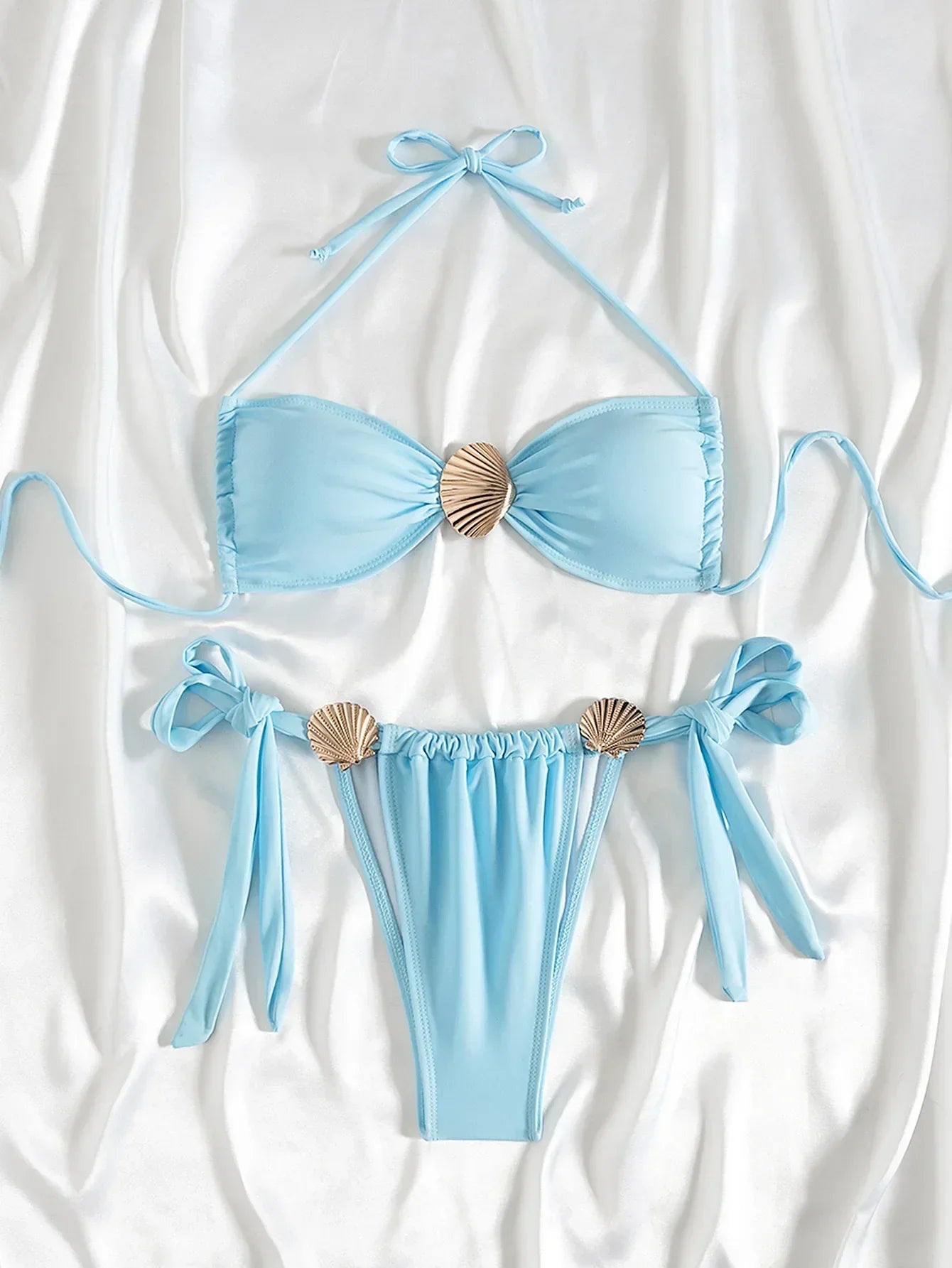 Metal Shell Bikini Mujer Sky Blue Pleate Push Up Micro Swimsuit Beach Bathing Suit Tie Side Thong Swimwear