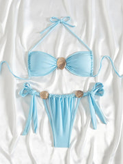 Metal Shell Bikini Mujer Sky Blue Pleate Push Up Micro Swimsuit Beach Bathing Suit Tie Side Thong Swimwear