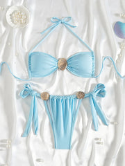 Metal Shell Bikini Mujer Sky Blue Pleate Push Up Micro Swimsuit Beach Bathing Suit Tie Side Thong Swimwear
