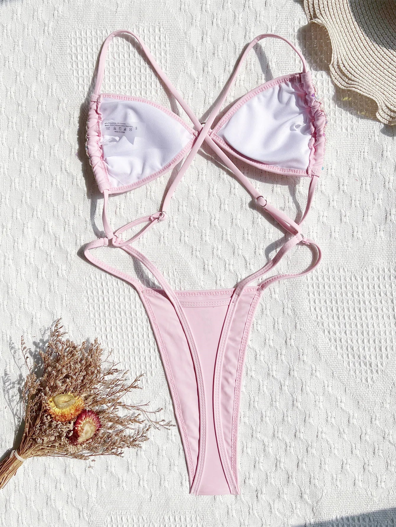 Hollow Out Backless Thong One Piece Swimsuit Pink Sequins Thong Micro Swimwear Shiny Bather Bathing Suit