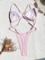 Hollow Out Backless Thong One Piece Swimsuit Pink Sequins Thong Micro Swimwear Shiny Bather Bathing Suit