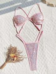 Hollow Out Backless Thong One Piece Swimsuit Pink Sequins Thong Micro Swimwear Shiny Bather Bathing Suit