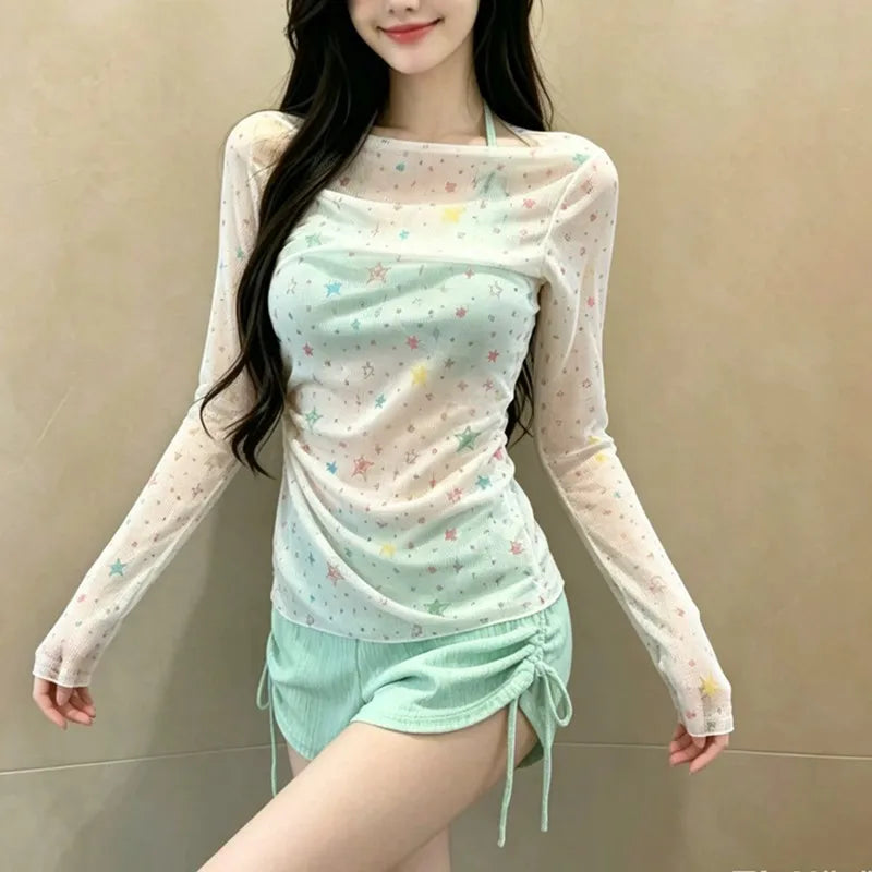 Sweet Long Sleeve Dot Print Cover Up 3 Piece Bikini Set