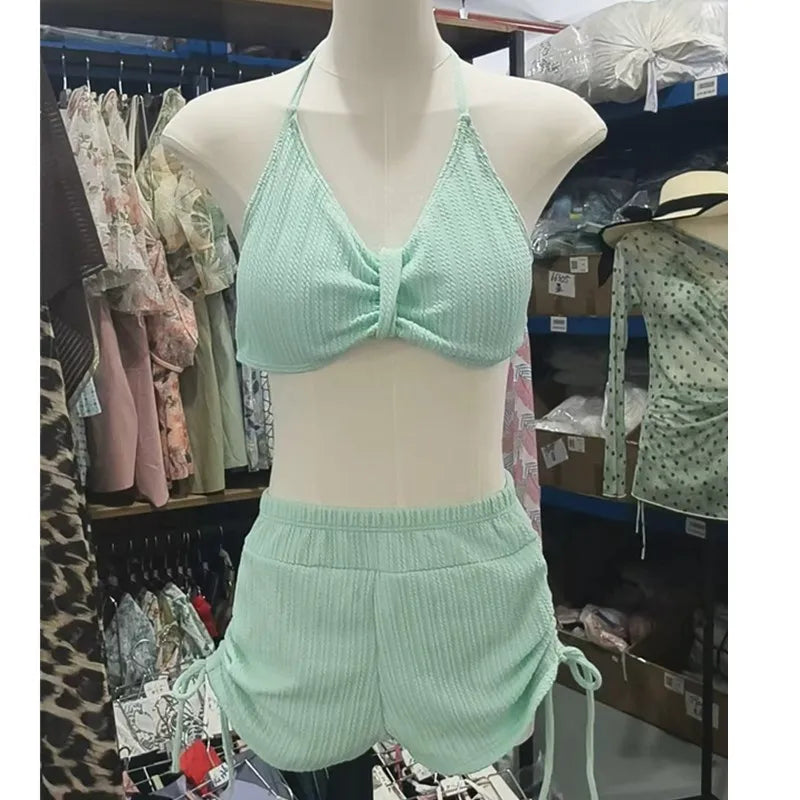 Sweet Long Sleeve Dot Print Cover Up 3 Piece Bikini Set