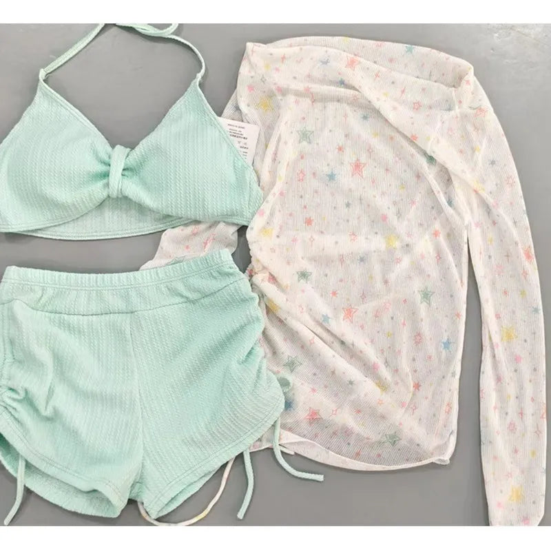 Sweet Long Sleeve Dot Print Cover Up 3 Piece Bikini Set
