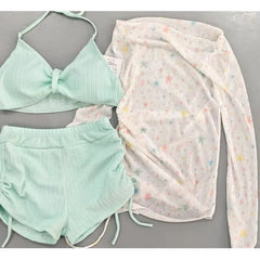 Sweet Long Sleeve Dot Print Cover Up 3 Piece Bikini Set