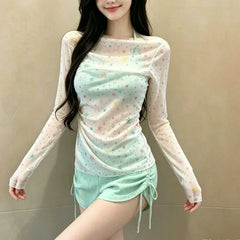Sweet Long Sleeve Dot Print Cover Up 3 Piece Bikini Set