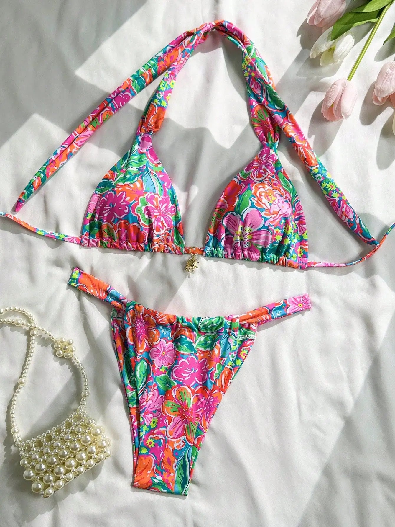 Vintage Pink Floral Print Bikini Halter Push Up Bra Pleate Thong Swimwear Bathing Suit Holiday Swimsuit