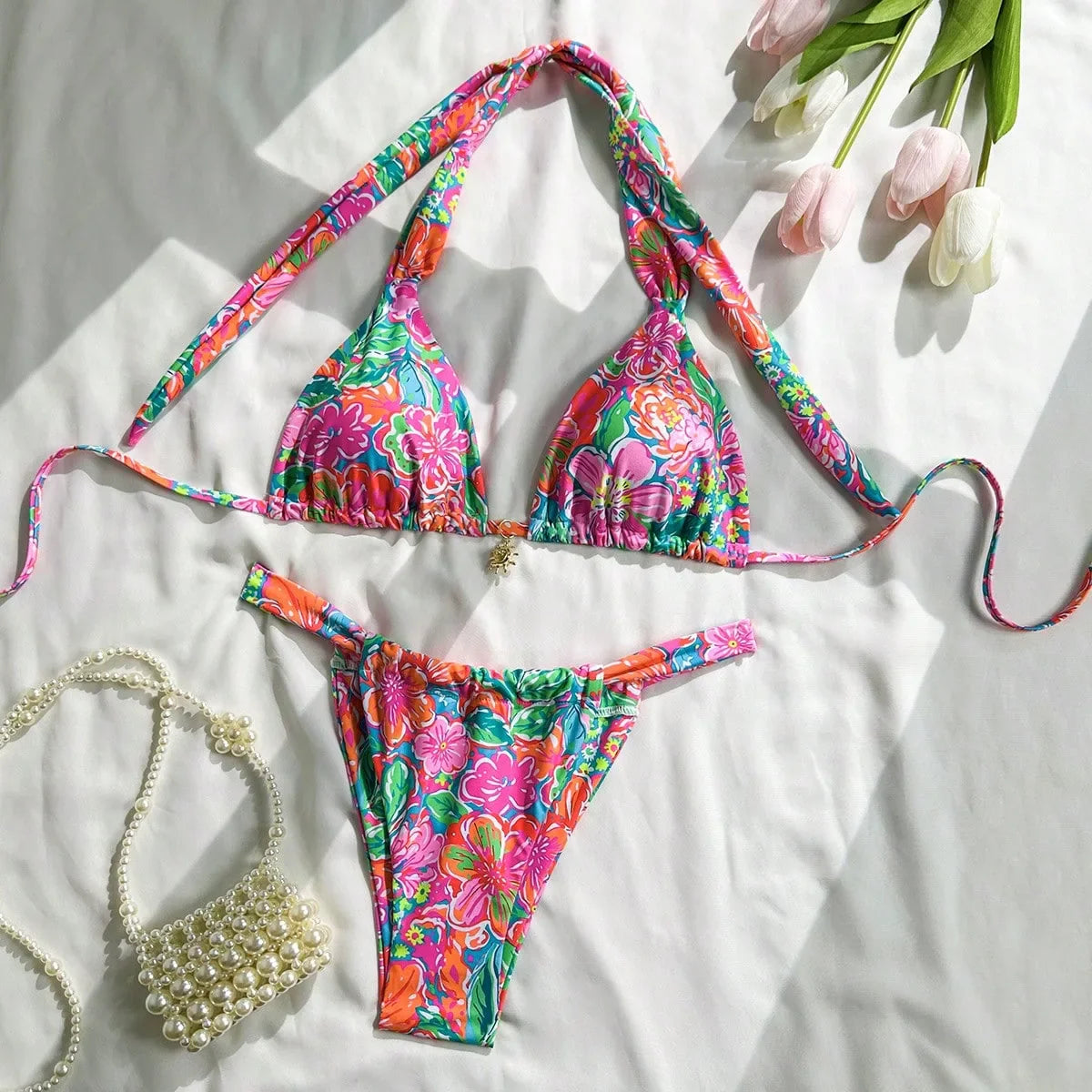 Vintage Pink Floral Print Bikini Halter Push Up Bra Pleate Thong Swimwear Bathing Suit Holiday Swimsuit