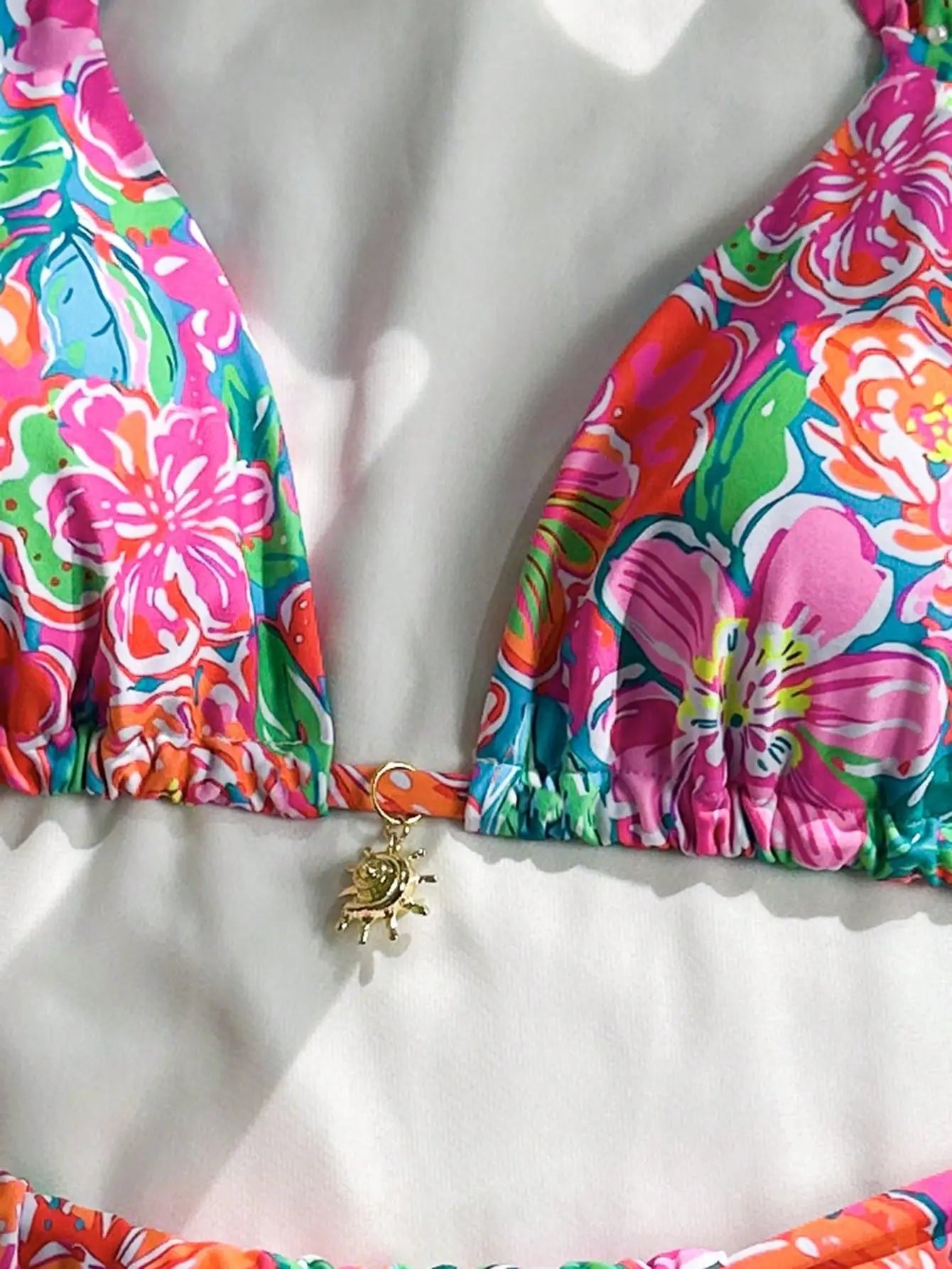 Vintage Pink Floral Print Bikini Halter Push Up Bra Pleate Thong Swimwear Bathing Suit Holiday Swimsuit
