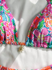 Vintage Pink Floral Print Bikini Halter Push Up Bra Pleate Thong Swimwear Bathing Suit Holiday Swimsuit