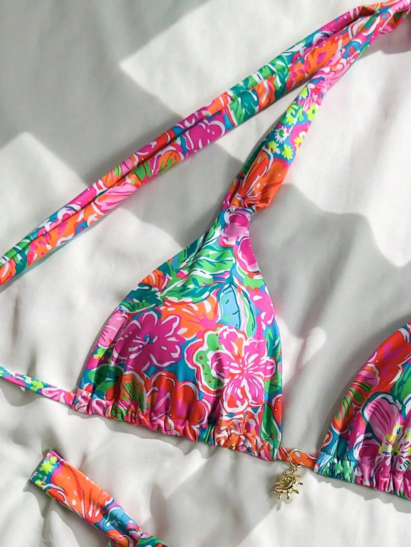Vintage Pink Floral Print Bikini Halter Push Up Bra Pleate Thong Swimwear Bathing Suit Holiday Swimsuit