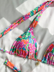 Vintage Pink Floral Print Bikini Halter Push Up Bra Pleate Thong Swimwear Bathing Suit Holiday Swimsuit
