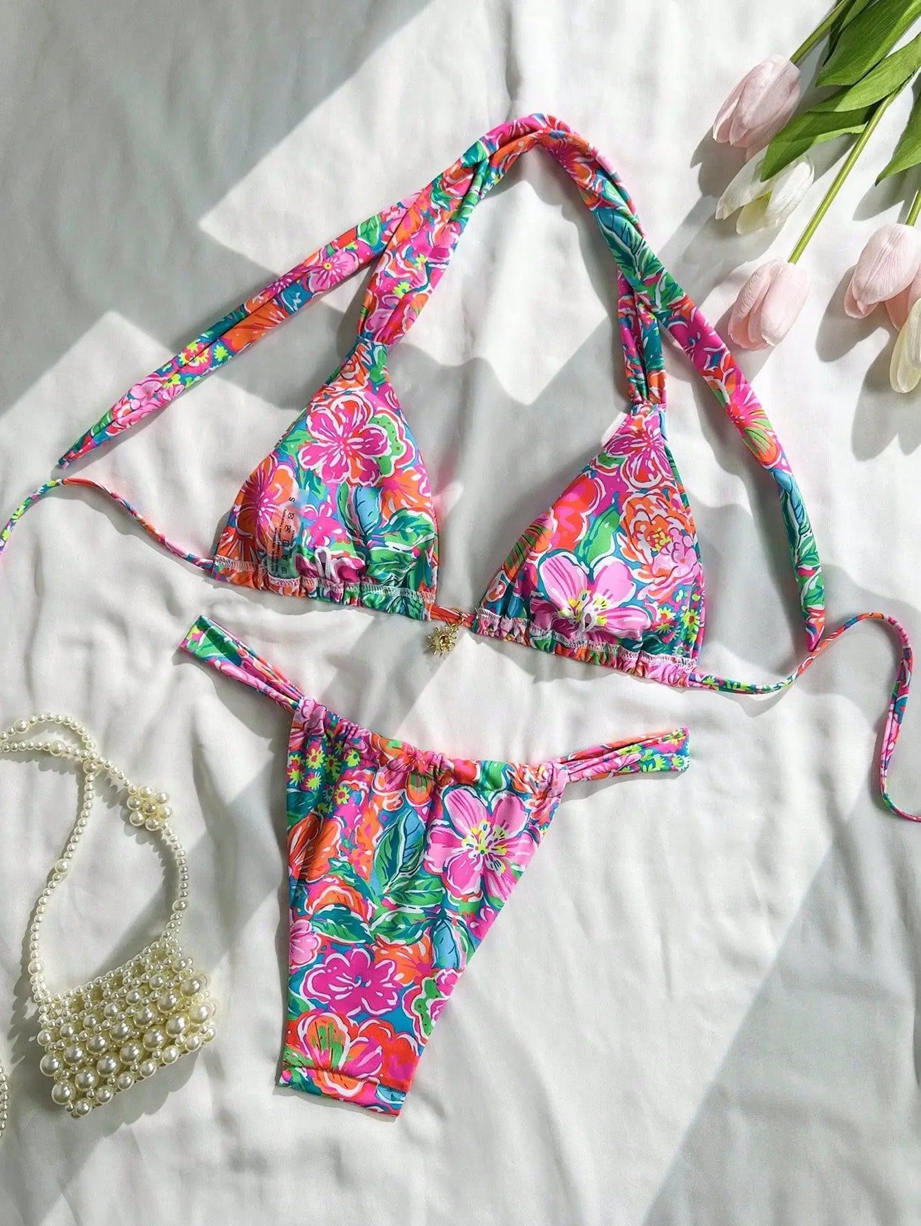 Vintage Pink Floral Print Bikini Halter Push Up Bra Pleate Thong Swimwear Bathing Suit Holiday Swimsuit