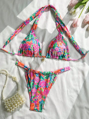 Vintage Pink Floral Print Bikini Halter Push Up Bra Pleate Thong Swimwear Bathing Suit Holiday Swimsuit