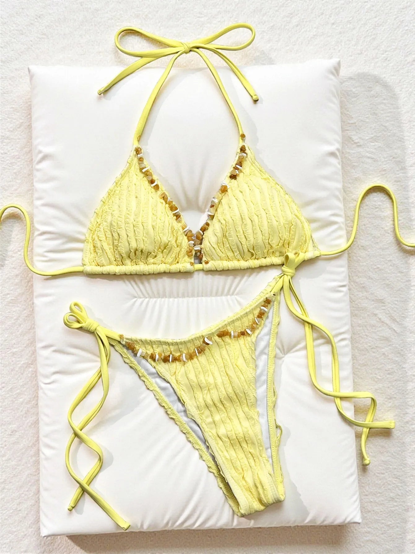 Yellow Braiding Rope V Neck Micro Bikini Ribbed Push Up Bra Bandage Thong Swimsuit Bathing Suit Swimwear