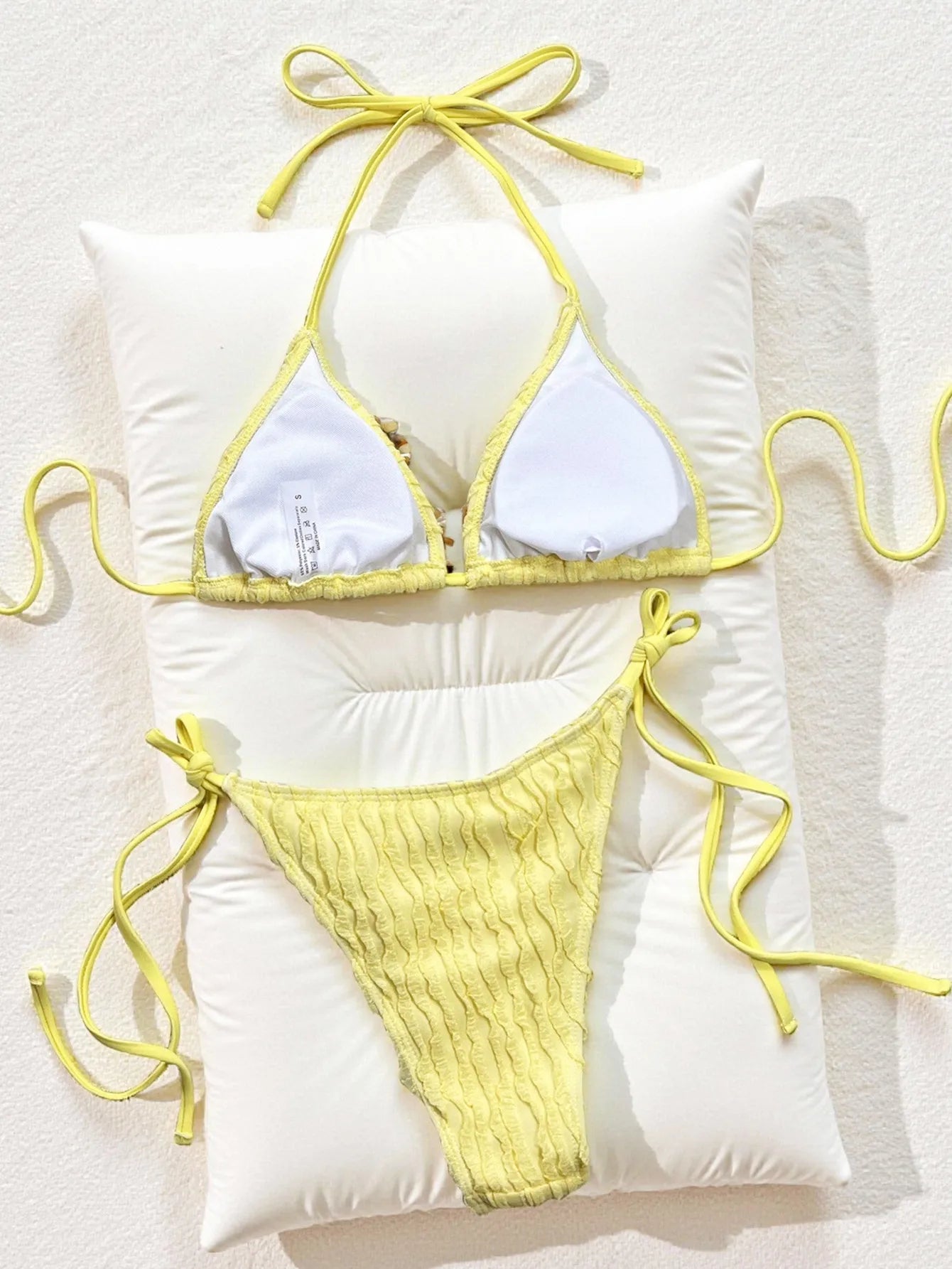 Yellow Braiding Rope V Neck Micro Bikini Ribbed Push Up Bra Bandage Thong Swimsuit Bathing Suit Swimwear