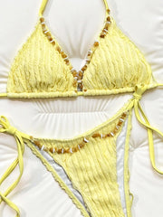Yellow Braiding Rope V Neck Micro Bikini Ribbed Push Up Bra Bandage Thong Swimsuit Bathing Suit Swimwear