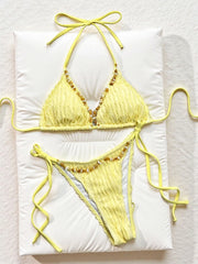 Yellow Braiding Rope V Neck Micro Bikini Ribbed Push Up Bra Bandage Thong Swimsuit Bathing Suit Swimwear
