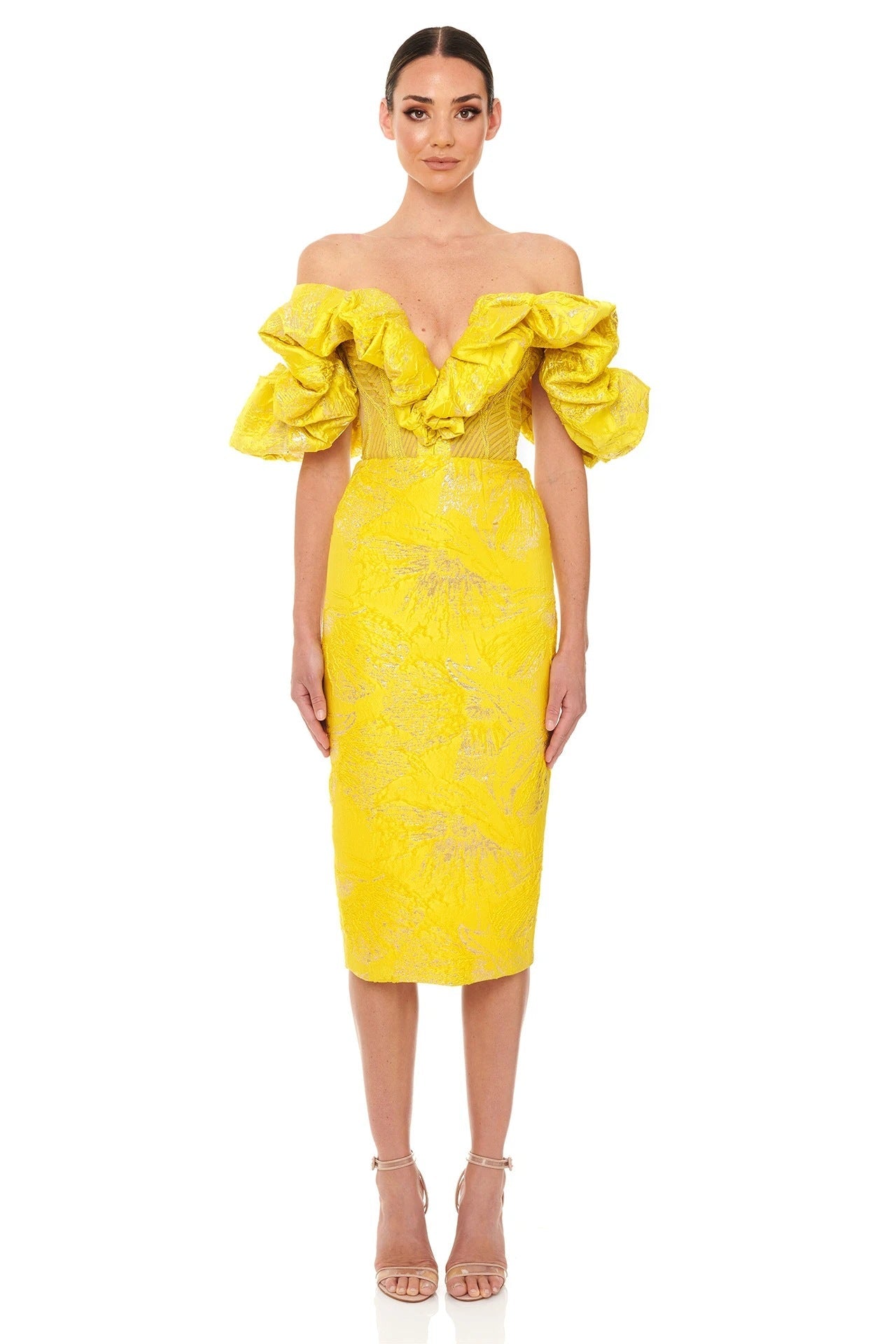 Elegant Jacquard Wrap Midi Celeb Dress