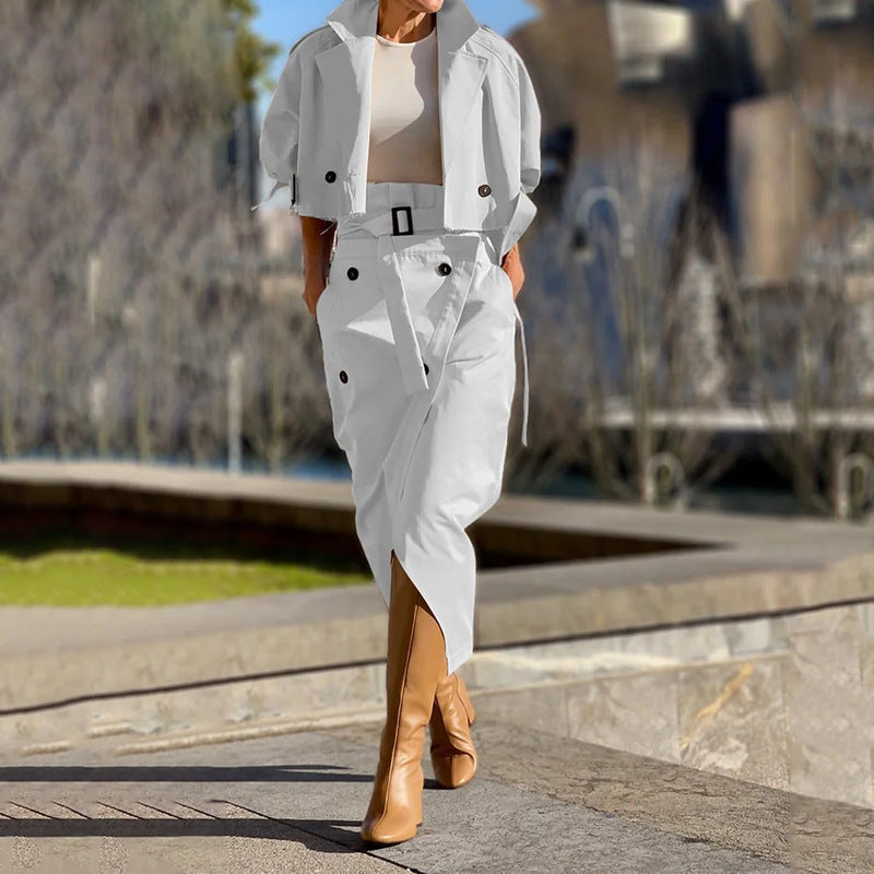 Elegant Button Belt Suit Skirt Sets