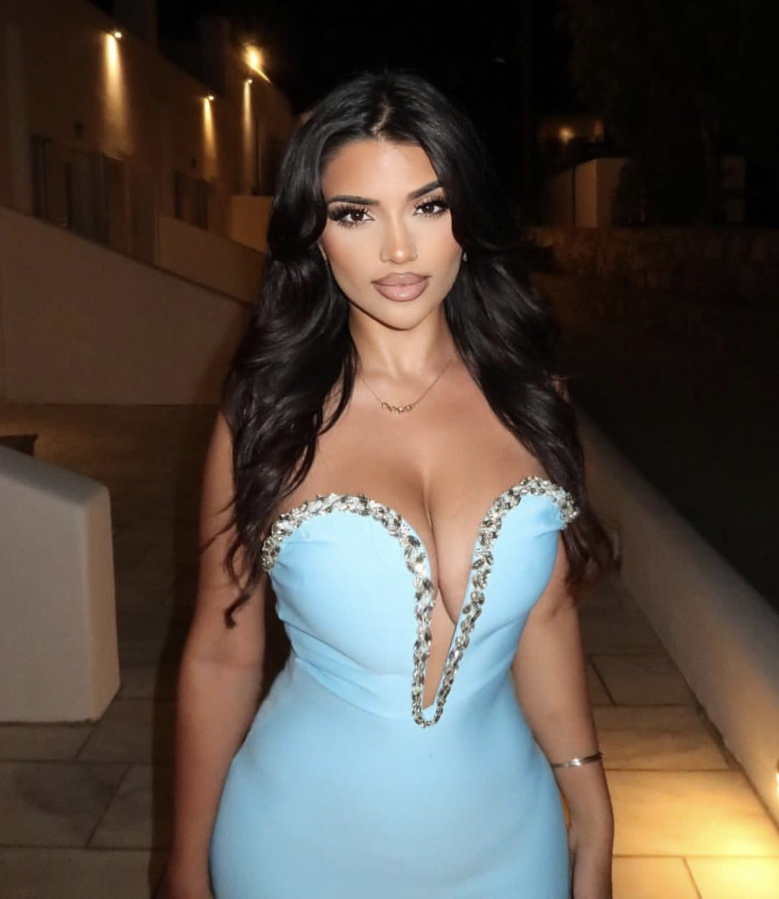 Sparkling Rhinestones V-neck Blue Bandage Dress