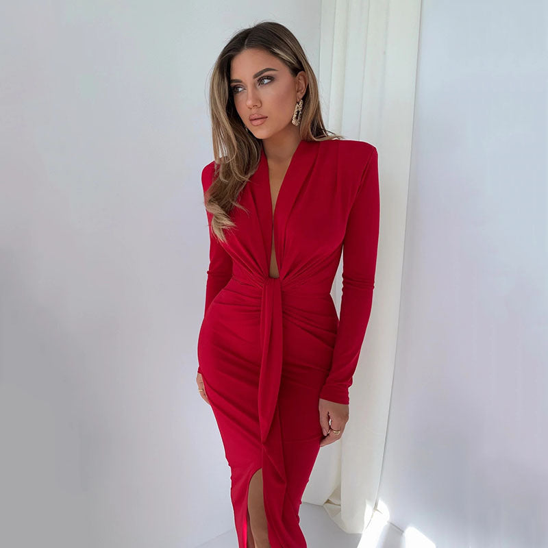 Irregular Long Skirt Long Sleeve Waist Pleated Dress