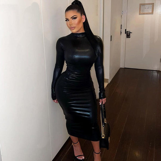 Leather Dark Solid Color Slim Dress