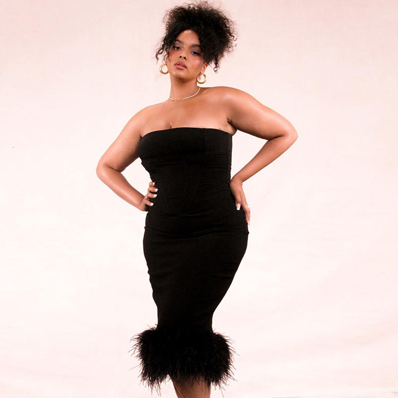 FUR BLACK STRAPLESS CORSET DRESS