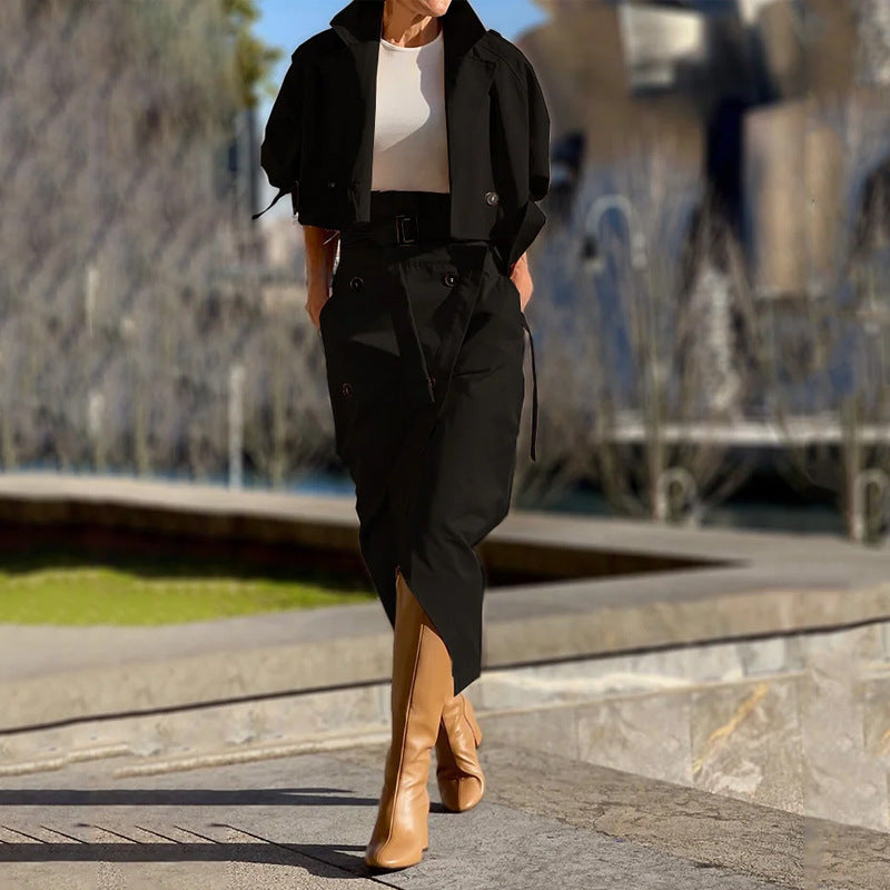 Elegant Button Belt Suit Skirt Sets