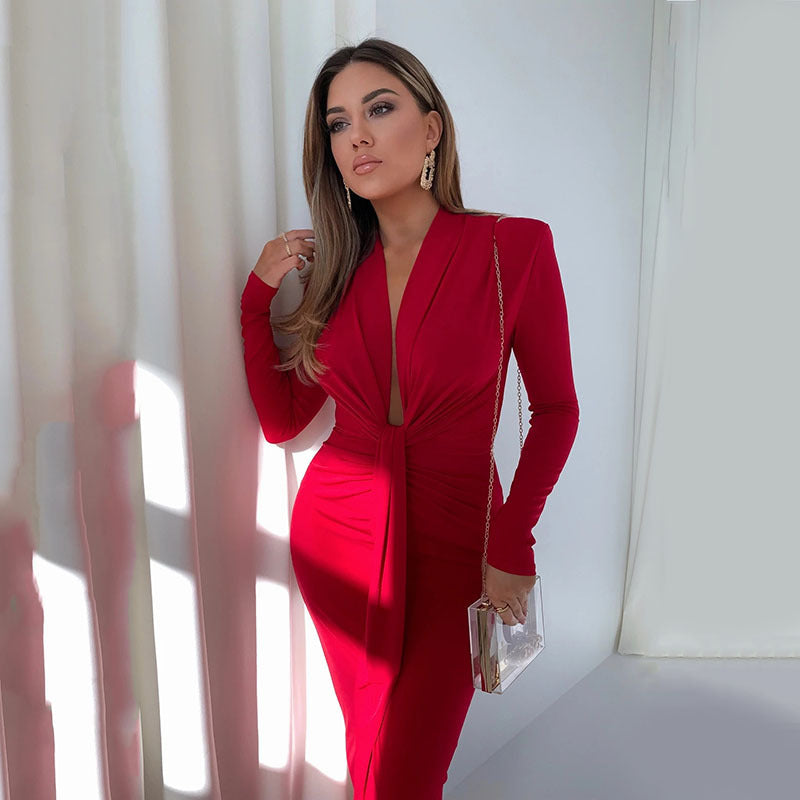 Irregular Long Skirt Long Sleeve Waist Pleated Dress