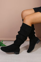Women's Brown Mid-Calf Thick Heel Retro Style Wrinkled Slouch Boots