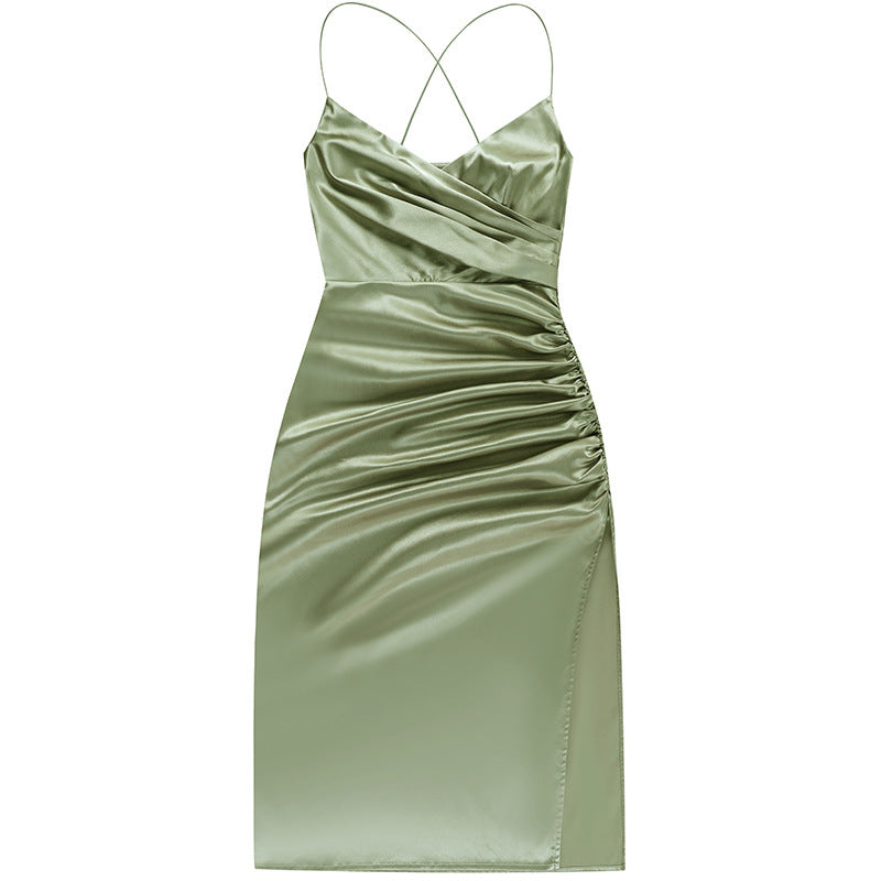 Satin V-neck Side Gathered Dress