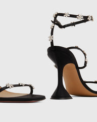 Ofelia Rhinestone Flower Strap flared Sandals In Black