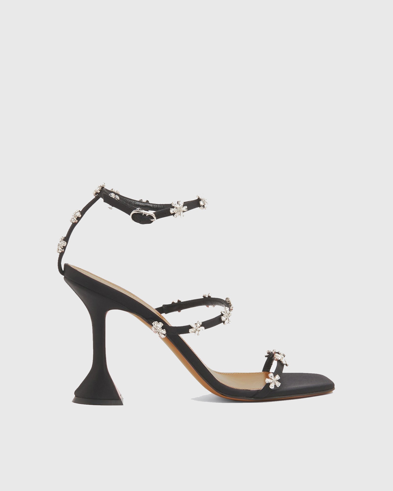 Ofelia Rhinestone Flower Strap flared Sandals In Black