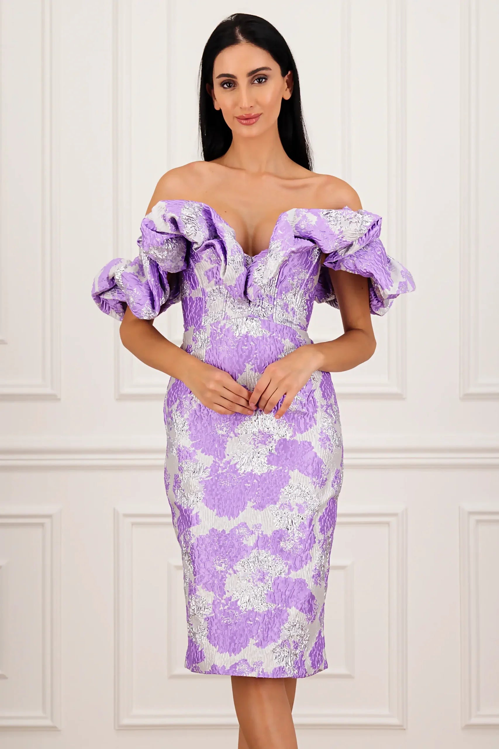 Elegant Jacquard Wrap Midi Celeb Dress
