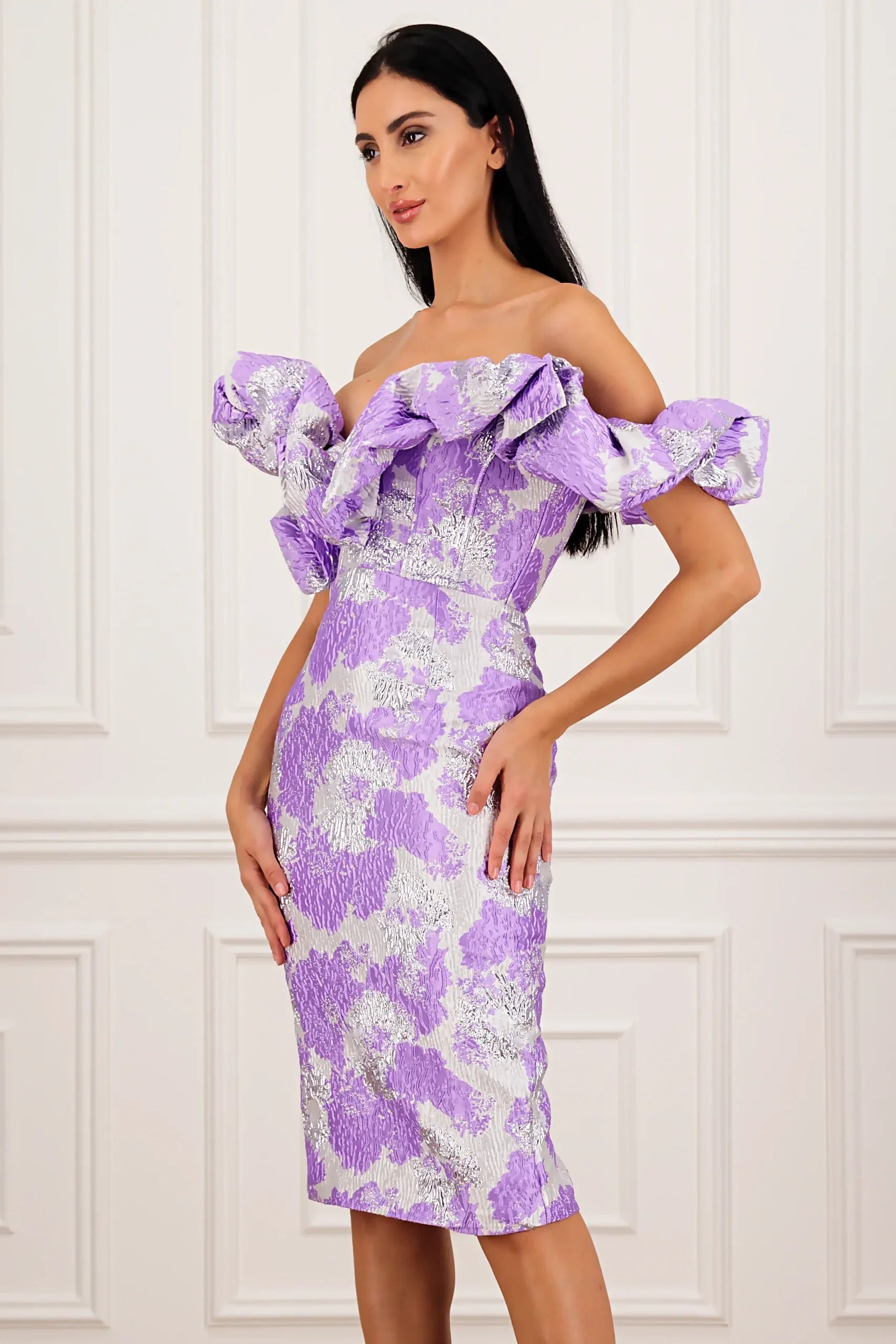 Elegant Jacquard Wrap Midi Celeb Dress