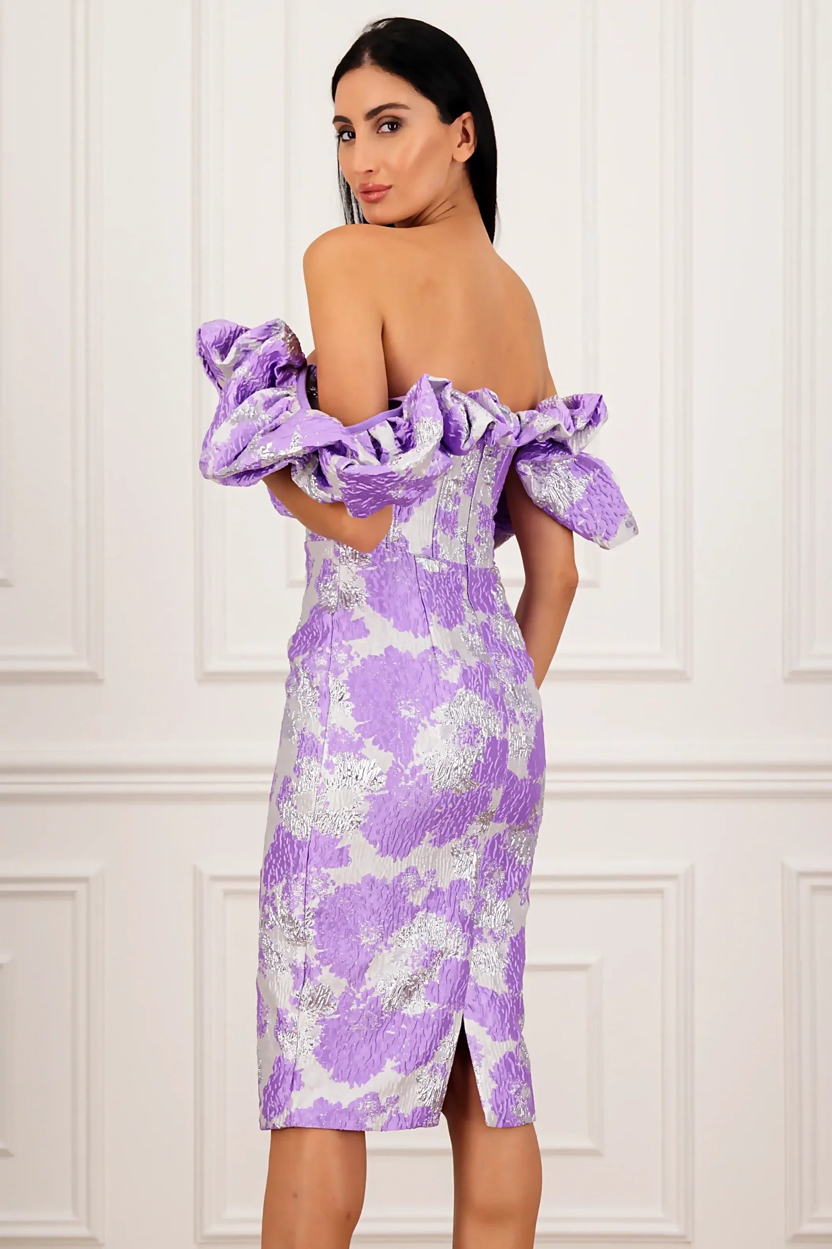 Elegant Jacquard Wrap Midi Celeb Dress