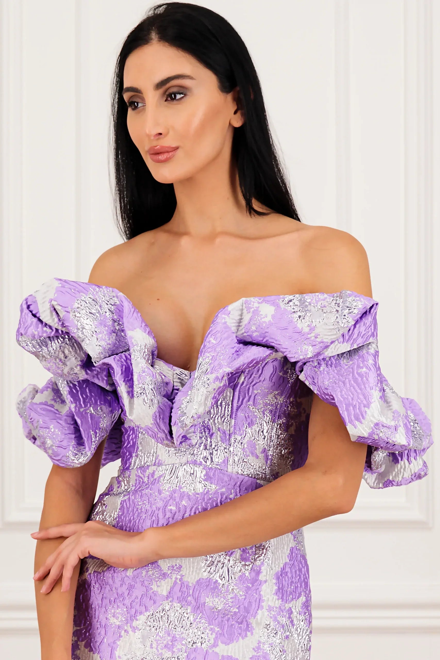 Elegant Jacquard Wrap Midi Celeb Dress