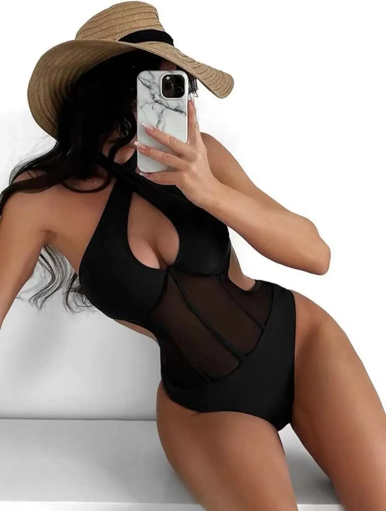 One Piece Bikini Grenadine Solid black Cross Bandage Hollow Out Swimwear Beach Backless Bathing Suit Monokini