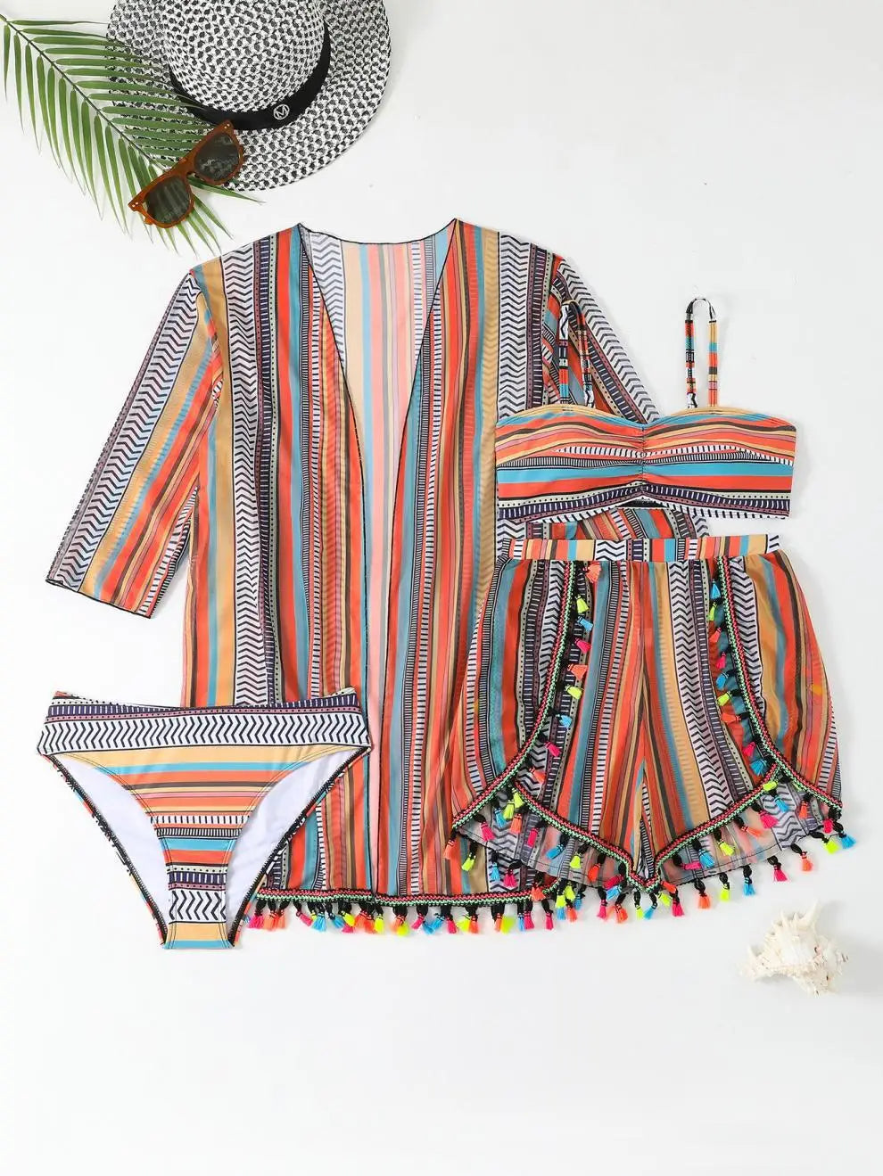 Orange Stripe 4 Piece Bikini Set