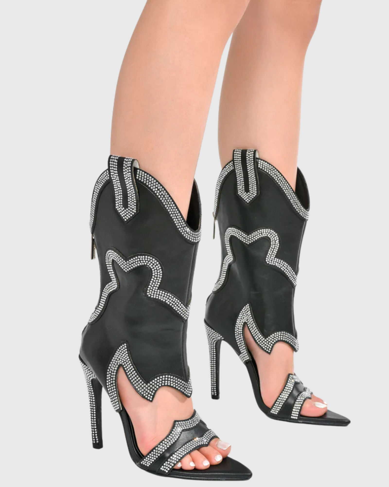Ortensia Rhinestone Mid Calf Cowboy Sandals In Black