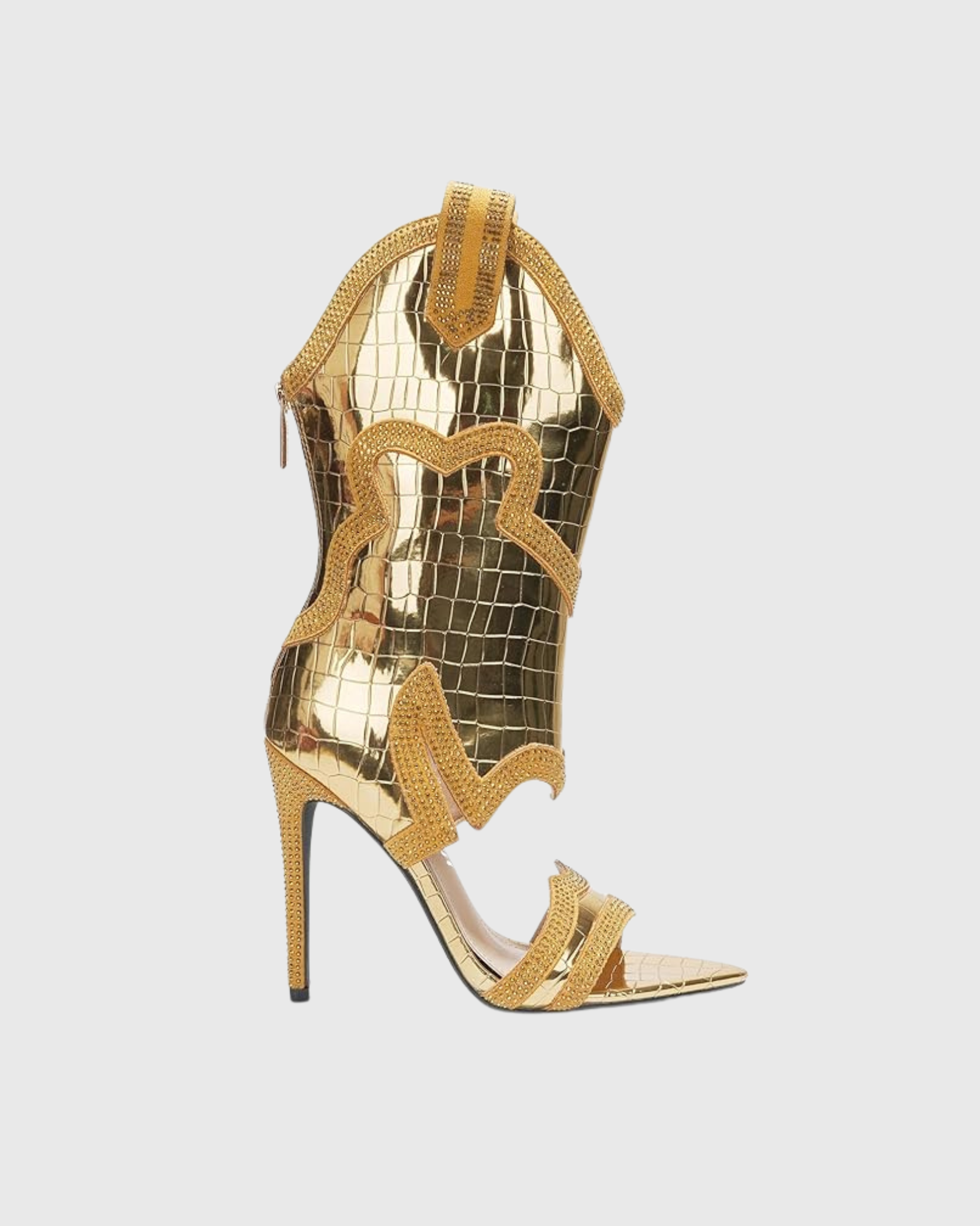 Ortensia Rhinestone Mid Calf Cowboy Sandals In Gold