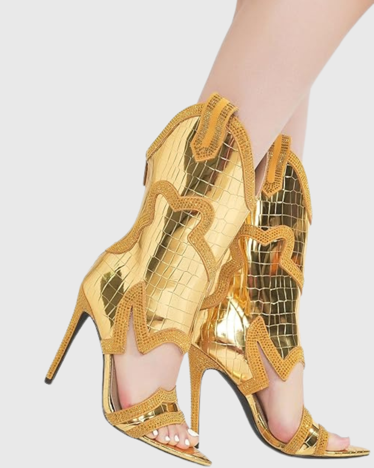 Ortensia Rhinestone Mid Calf Cowboy Sandals In Gold