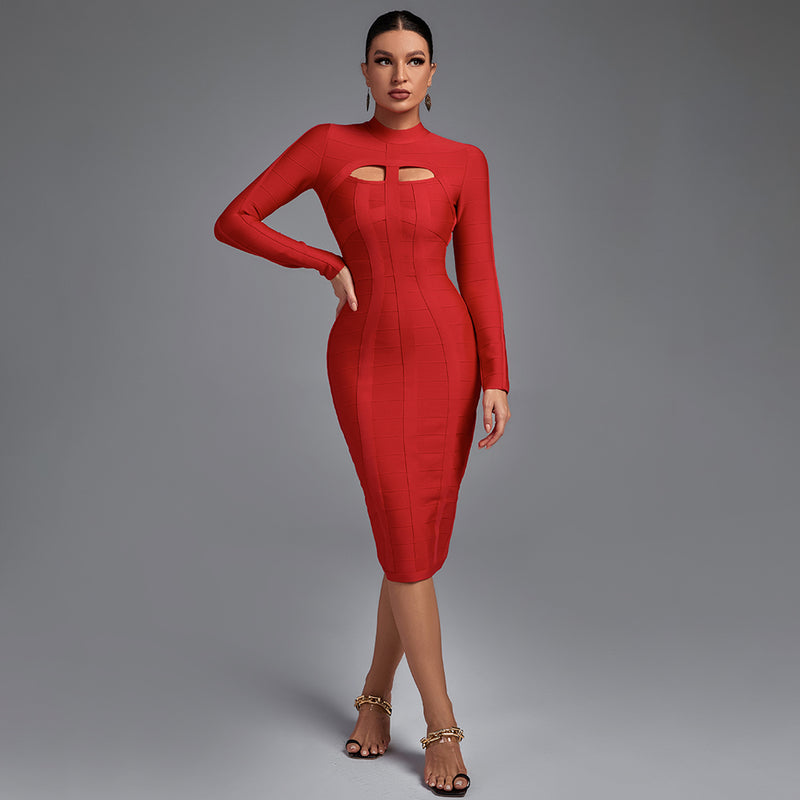 Cut-Out Long Sleeves Party Bandage Clubwear Midi Dress