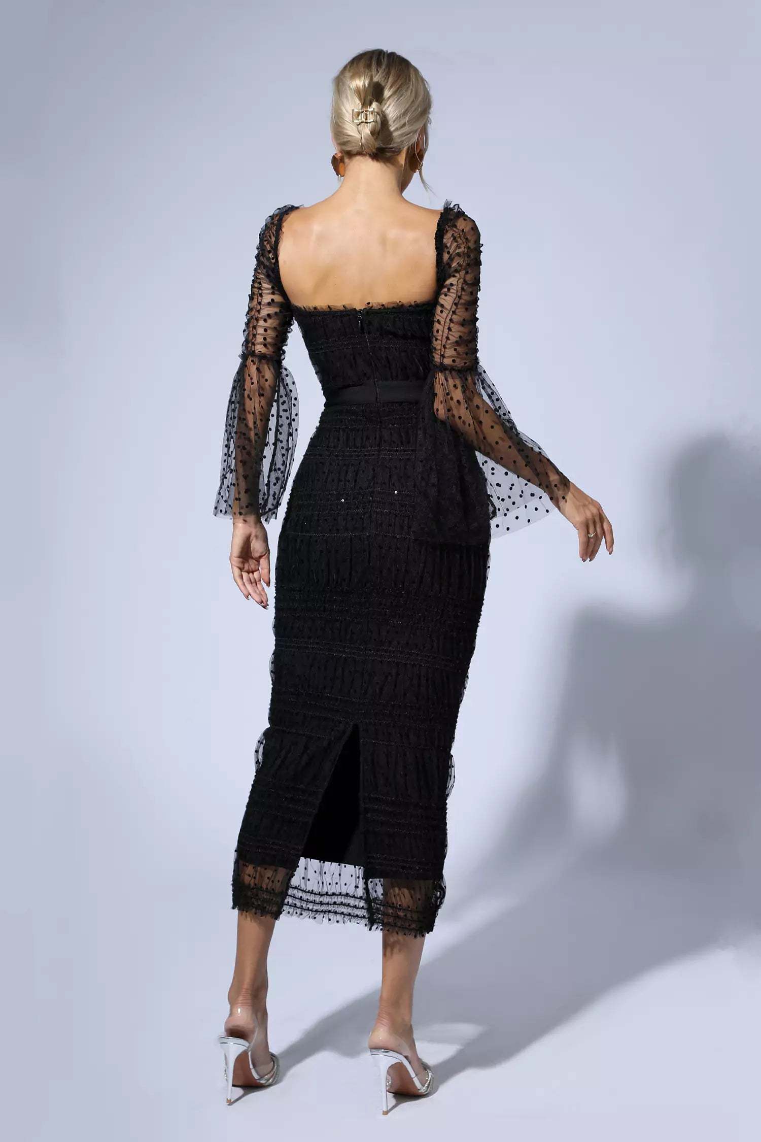 Polka Dot Black Mesh Midi Dress