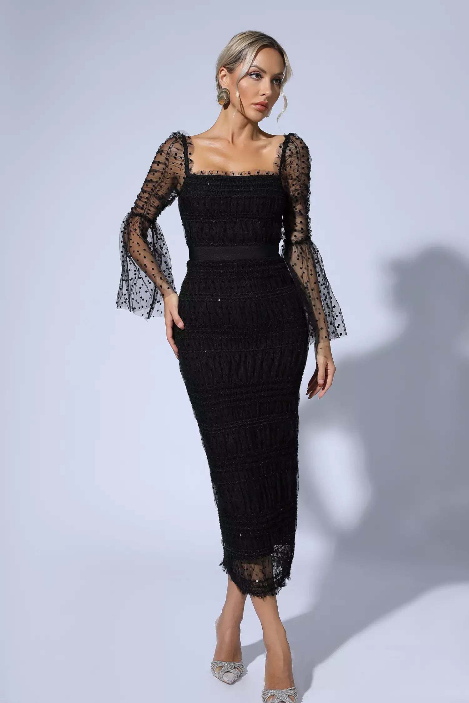Polka Dot Black Mesh Midi Dress