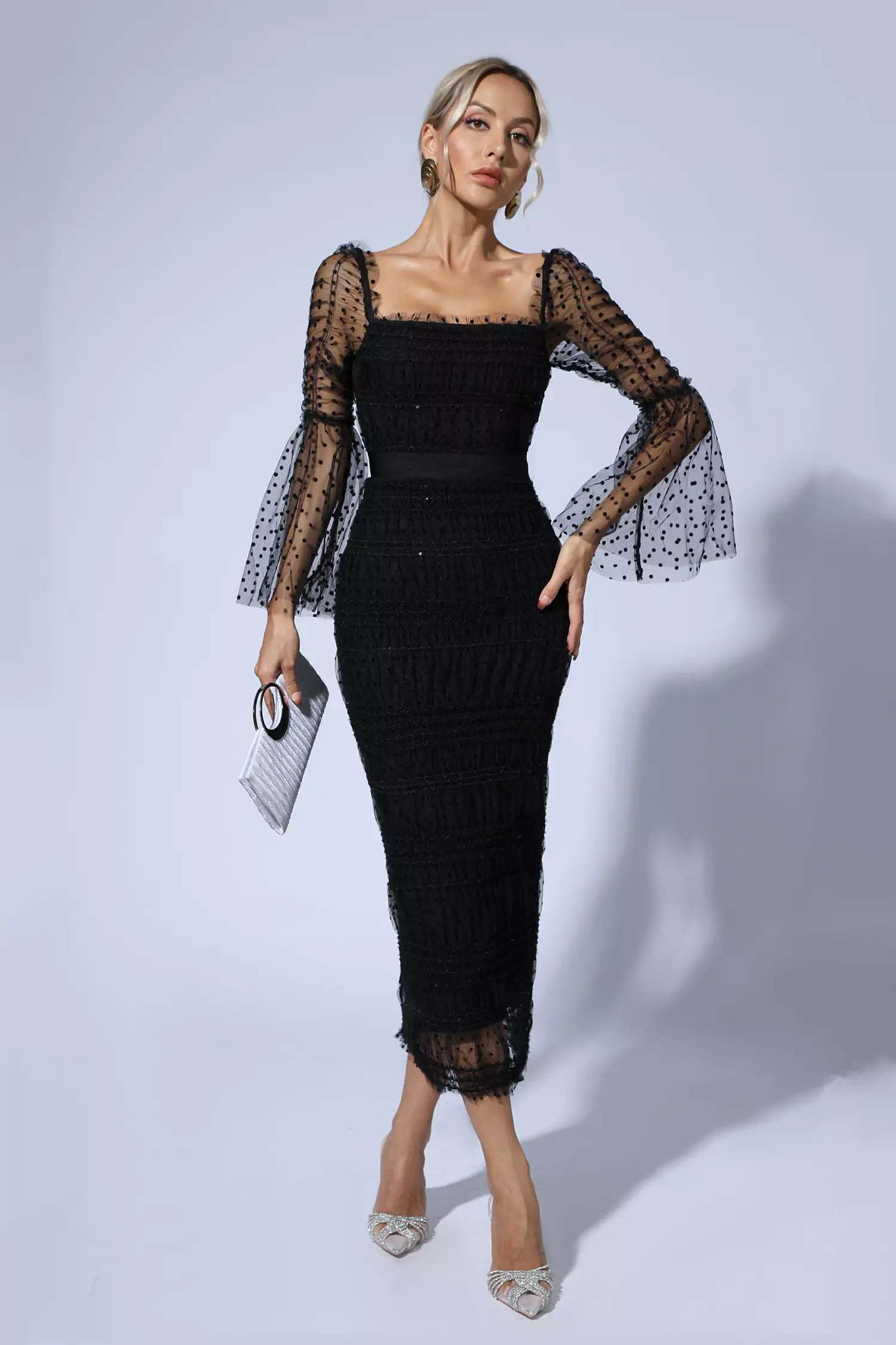 Polka Dot Black Mesh Midi Dress