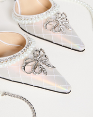 Paola Pearl Bow Embellished Satin Strap Pumps